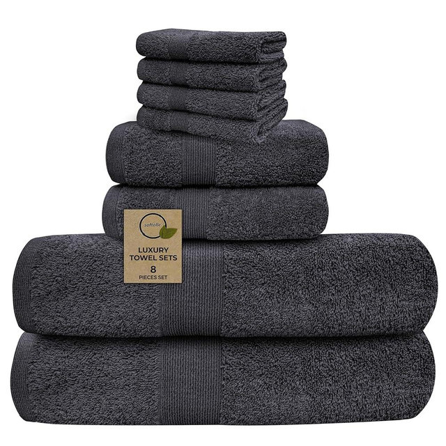 Softolle Luxury 8 Piece Towel Set, 2 Bath Towels 2 Hand Towels 4 Washcloths, 100% Cotton Towels for Bathroom, Home, Spa & Gym - Highly Absorbent Ultra Soft Quick-Dry (Grey)