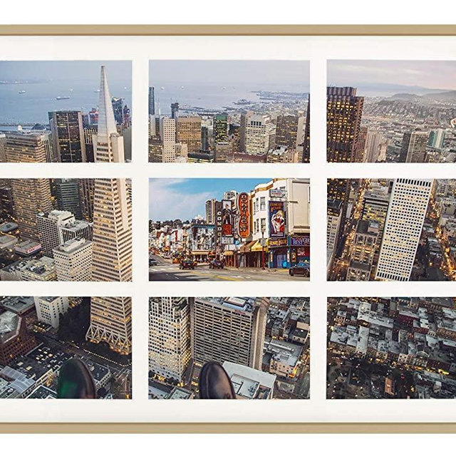 Frametory, 13.6x19.7 Gold Aluminum Frame - Ivory Mat for [9] 4x6 Pictures - Wall Display - Sawtooth Hangers, Swivel Tabs - Portrait/Landscape Display - Great for Vacations, Homes, Offices