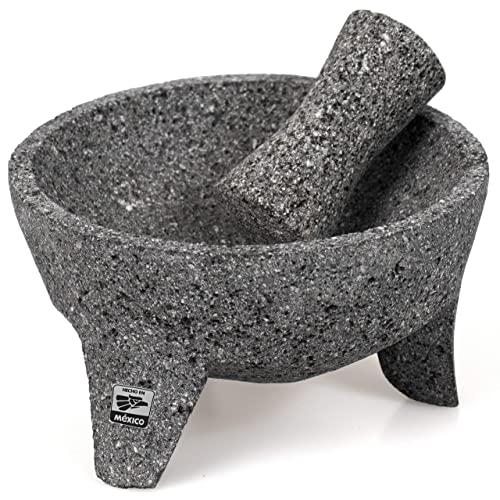 Genuine Handmade Mexican Mortar and Pestle, Molcajete de Piedra Volcanica Mexicana, Perfect for Homemade Salsas, Guacamole, and other Molcajete Plates | Made in Mexico (8 Inches)