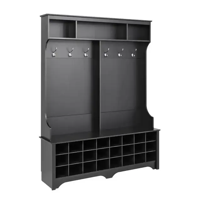 60 in. Black Wide Hall Tree with 24 Shoe Cubbies