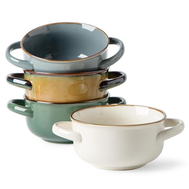 MONITO Ceramic Salad Bowl with Handles, 28 oz French Onion Soup Bowls, Dishwasher & Microwave Safe Ceramic Soup Bowls for Cereal, Pasta, Chilli, Beef Stew, Stackable Serving Bowl Set of 4