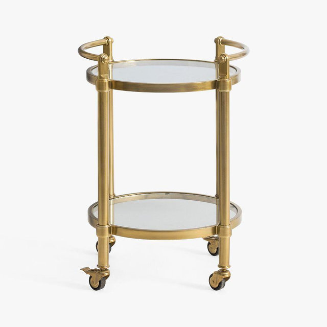 Everson Round Metal Bar Cart, Antique Brass, 20"