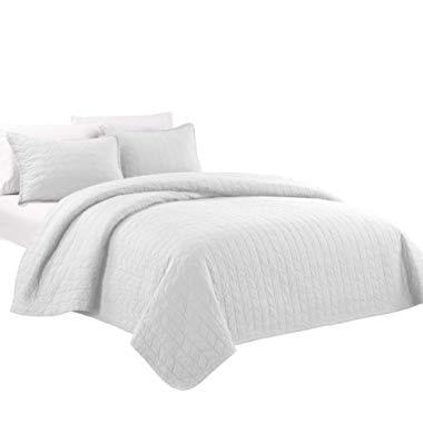 Chezmoi Collection Madrid 3-Piece Vintage Washed Solid Cotton Quilt and Shams Set (King, White)