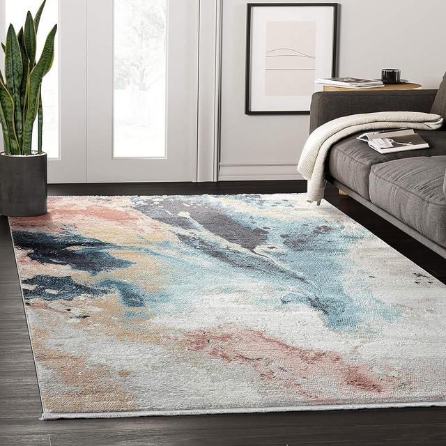 Abani Orange, Blue & Cream Rugs Watercolor Design 7' 9" x 10' 2" (8x10) Area Rug, Azure Collection Contemporary Living Room Rug