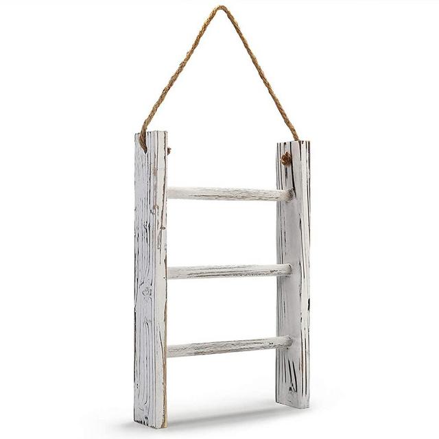 DOCMON Towel Rack-3-Tier Whitewashed Wood Bathroom Decor Wall-Hanging Towel Storage Ladder with Rope for Farmhouse Room Decor