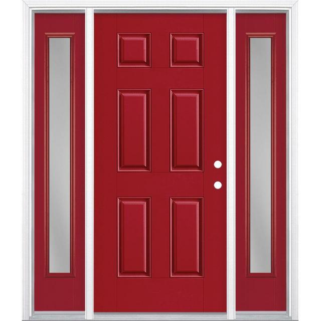 Masonite 60-in x 80-in Fiberglass No Glass Left-Hand Inswing Roma Red Painted Prehung Single Front Door with Sidelights with Brickmould Insulating Core