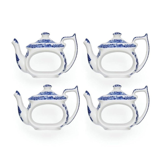 Spode Blue Italian Teapot Napkin Rings Set of 4, Ceramic Napkin Rings, 2.5-Inch Blue and White Designed Napkin Holder for Entertaining, Table Decorations, or Gift