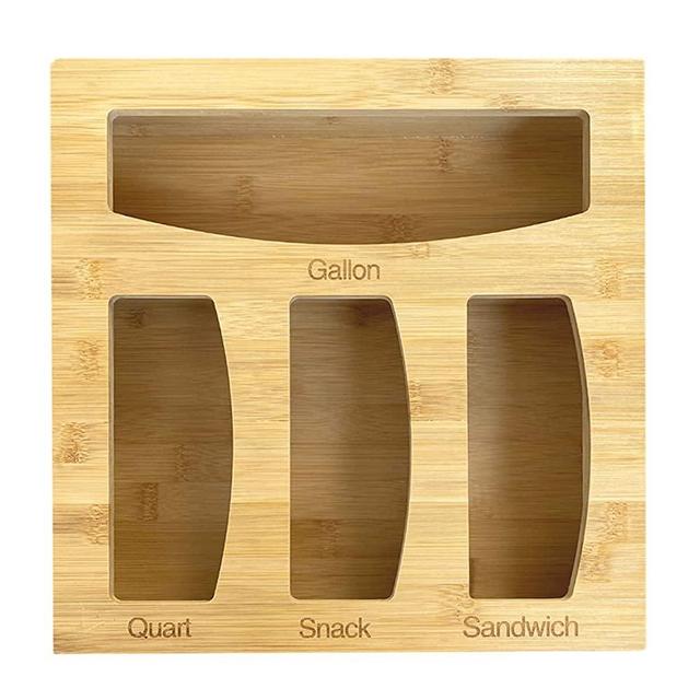 Ziplock Bag Storage Organizer for Drawer, Bamboo Wood Kitchen Sandwich Plastic Bag Baggie Dispenser Box Ziploc