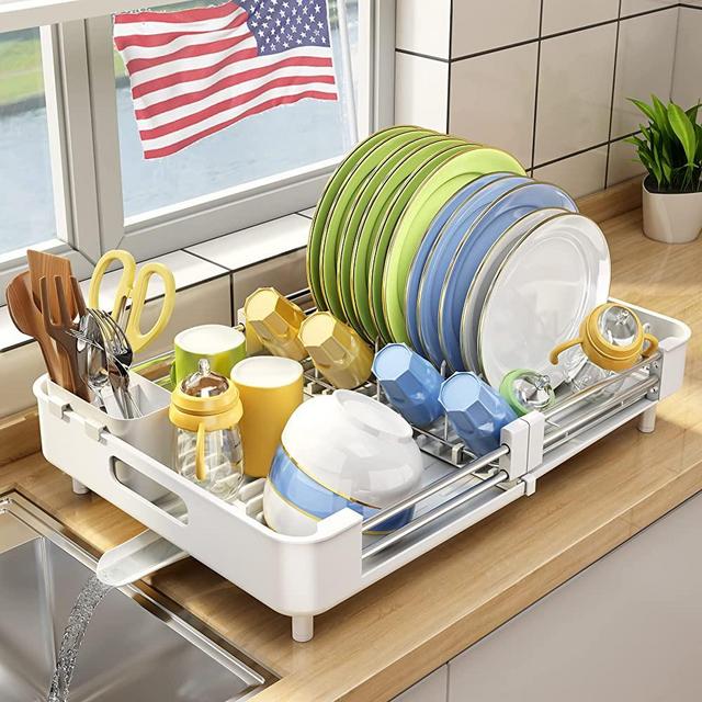 Dish Drying Rack, Kitchen Counter Dish Drainers Rack, Auto-Drain Expandable(13.2"-19.7") Stainless Steel Large Strainers Over Sink Drying Rack Drainboard with Utensil Holder Caddy Organizer, White