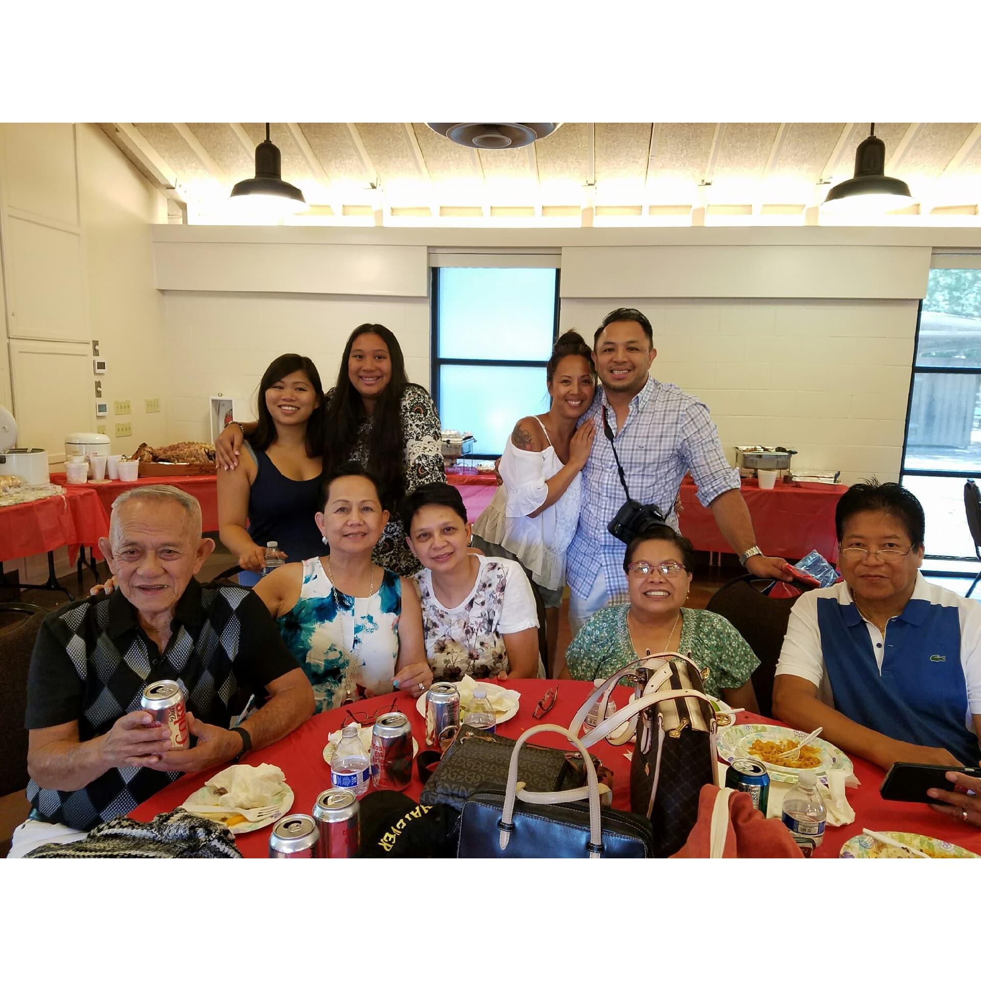 Kalia, Lana, Claudine, Allen, Papa Bert, Carmelita, Criselda, Noemi, and Jess at Allen's son's birthday party
