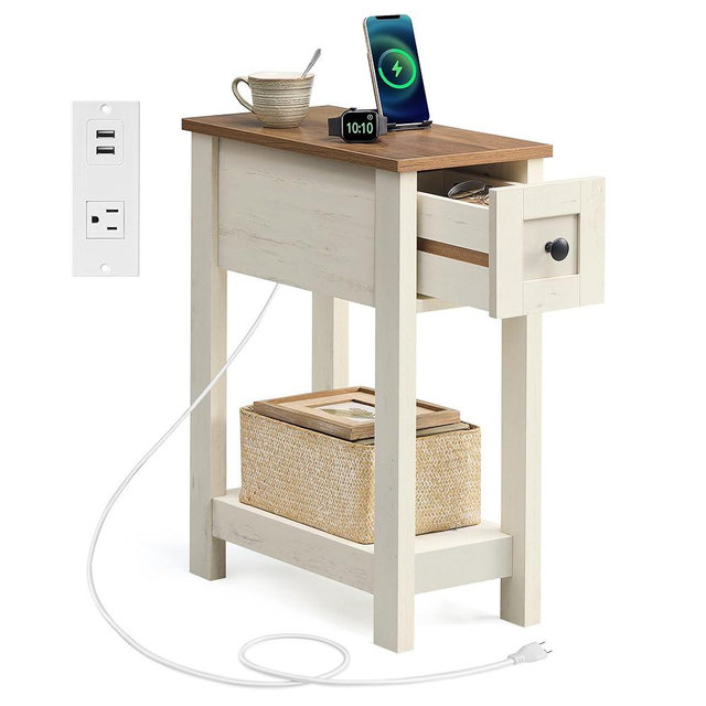 VASAGLE Farmhouse End Table with Storage Drawer, Narrow Side Table with Charging Station, Nightstand, Easy Assembly, for Living Room, Bedroom, Honey Brown and Rustic White ULET328W01