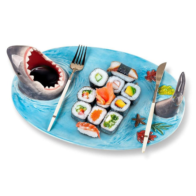 2 Pack Blue Ceramic Shark Plate, Shark Sushi Plates, Funny Handmade Kitchen Salad Plates with Dipping Sauce Bowl, Microwave/Oven/Dishwasher Safe Plates, Holiday Birthday Gifts for Shark Party Lovers