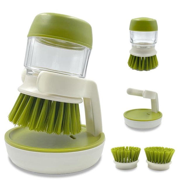 UGWkivd Soap Dispenser Dish Brush Palm Brush Scrub Brush Equipped with Storage Bracket and Drainage Base,Easy to Clean Kitchen Utensils and Sink, Includes a Replaceable Brush（Green）