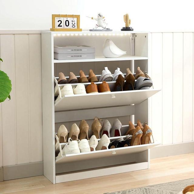 Deipto Shoe Storage Cabinet for Entryway, 3 Tier Shoe Organizer Cabinet with 2 Flip Drawers ＆ Lnduction Led Light, White Narrow Hidden Shoe Rack Cabinet for Front Door Entrance