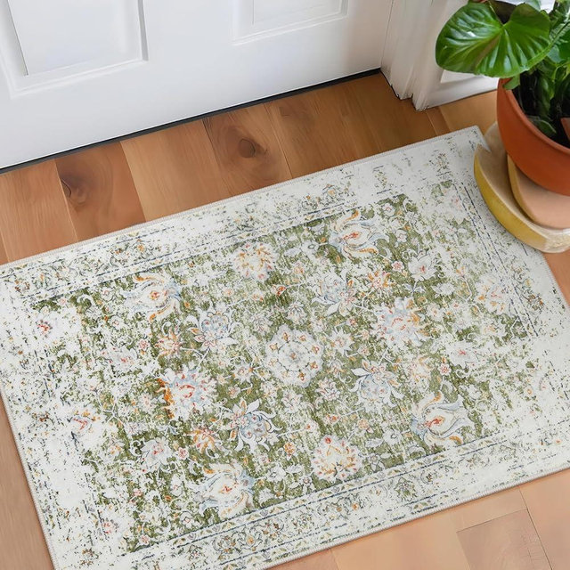 Lahome Boho Floral Indoor Rugs for Entryway, 2x3 Small Area Kitchen Rugs Non Slip Washable Front Door Mat Indoor Entrance,Ultra-Thin Vintage Carpet for Bedroom Bathroom(2x3ft,Green)