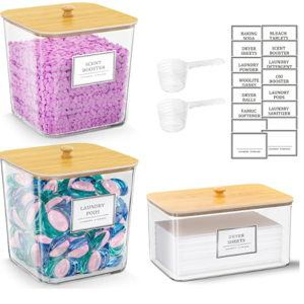 2+1 Pack Laundry Pods Container,Clear Laundry Detergent Powder Storage Containers,Laundry Room Organization Containers with Wooden Lids & Labels,Laundry Pods Holder for Scent Booster,Dryer Ball