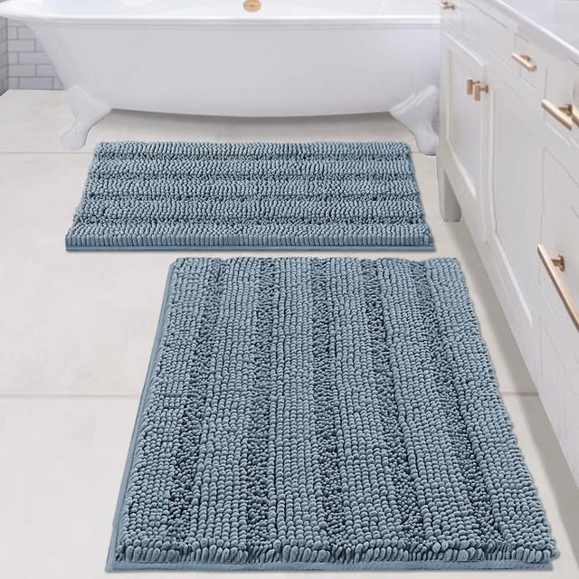 Bathroom Rugs Bath Mats Sets Super Absorbent Chenille Striped Bath Mats Non Skid Machine Wash Dry Rugs for Bathroom Floor Set of 2(Stone Blue, 24 x 36 Plus 20 x 32 - Inches)