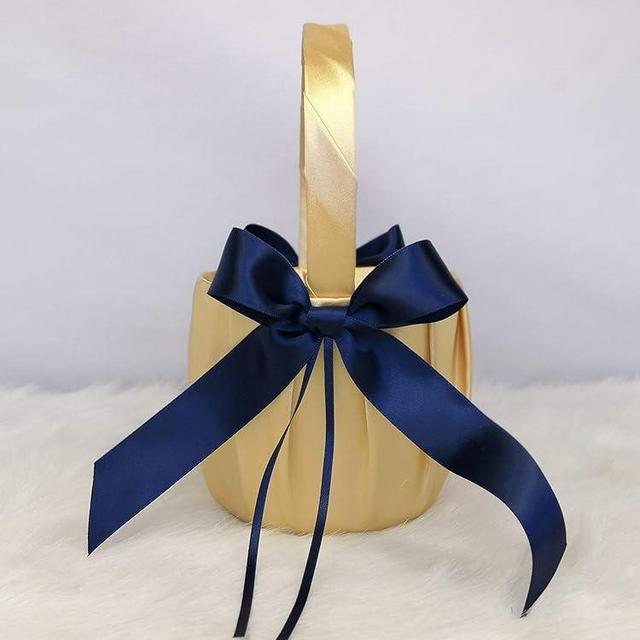 Abbie Home Flower Girl Basket in Gold Satin Cover with Navy Blue Ribbon Bow Décor Party Favor Set-Navy Bow Basket