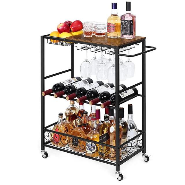 melos Bar Cart, 3 Tier Mobile Bar Serving Cart, Rolling Wine Cart with Glass Stemware Rack and Wine Bottle Holders, Industrial Style Kitchen Serving Cart for, Kitchen, Living Room, Dining Room(Brown)
