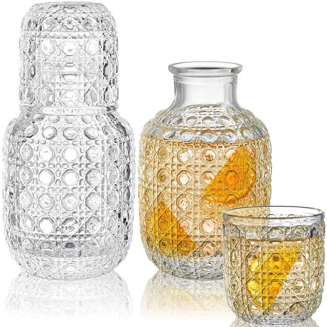 Coloch 2 Sets Vintage Bedside Water Carafe Set With Tumbler, 4 Pcs 14Oz Clear Nightstand Carafe and Glass Set, Carved Glass Mouthwash Bottle Juice Pitcher for Water, Juice, Kitchen, Bedroom, Bar