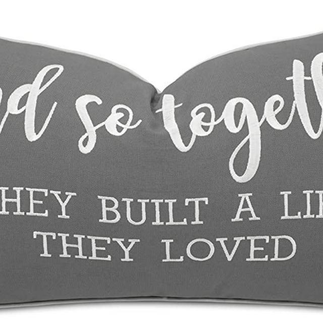 YugTex and So Together They Built A Life They Loved Cotton Embroidered Lumbar Accent Pillowcase - 12x20 Inches, Medium Grey-Off White