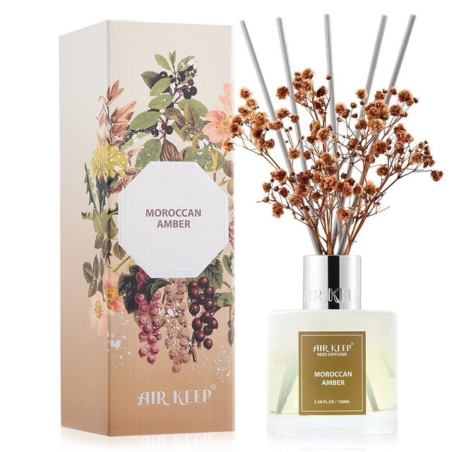 Airkeep Reed Diffuser Set,3.38 fl oz (100 ml) - Moroccan Amber Oil Diffusers with 8 Reed Sticks, Home Fragrance Reed Diffuser for Bathroom Shelf Decor