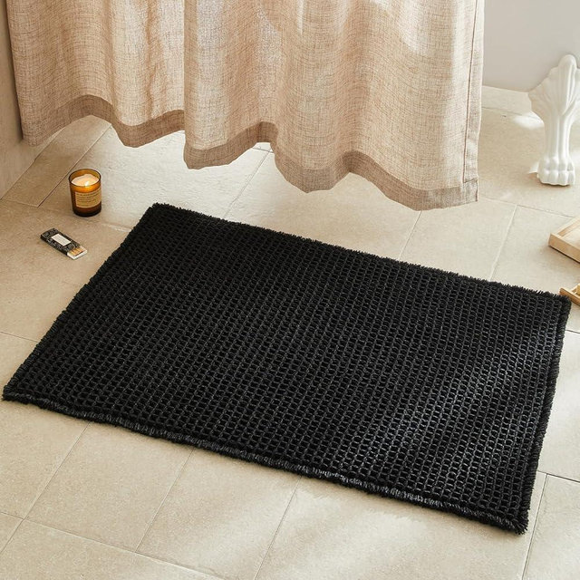 TYUU Black Bathroom Rug, Waffle Bath Mat Non Slip Washable Super Absorbent Quick Dry Boho Farmhouse Bathroom Decor, 36"x24" Black