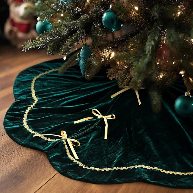 Arrowbash Christmas Tree Skirt 48 Inches Luxury Velvet Fur Scallop Tree Skirt Sparking Gold Lace Trim for Party Rustic Xmas Holiday Decorations Home(Green)