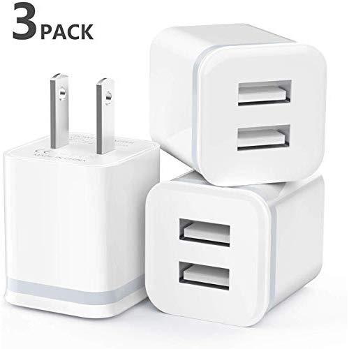 USB Wall Charger, LUOATIP 3-Pack 2.1A/5V Dual Port USB Cube Power Adapter Charger Plug Charging Block Replacement for iPhone Xs/XR/X, 8/7/6 Plus, Samsung, LG, HTC, Moto, Android Phones