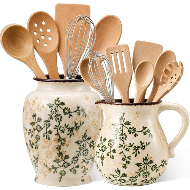 Ferrochef 2 Pcs Green and Beige Floral Rustic Kitchen Utensil Holder 7.87" 5.51" Ceramic Utensil Holder for Kitchen Counter Vintage Farmhouse Crock Spatula Organizer for Decor Housewarming Gift