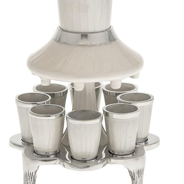 (D) Judaica Fountain in Enamel with 8 Cups (1 Ounce) Kiddush Item (White)
