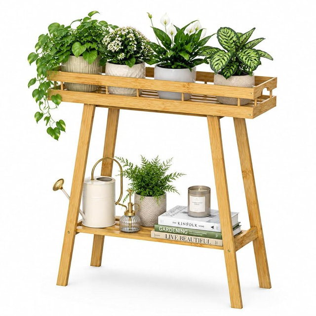 BAMBANG Bamboo Plant Stand Indoor, 2 Tier Small Plant Table, Tall Plant Stand for Indoor Plants, Window Sill Plant Shelf, Flower Pot Holder Plant Bench Plant Rack for Living Room, Natural