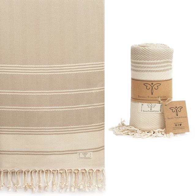 Smyrna Aegean Series Original Turkish Beach Towel | 100% Cotton, Prewashed, 37 x 71 Inches | Peshtemal and Turkish Bath Towel for SPA, Beach, Pool, Gym and Bathroom (Beige)
