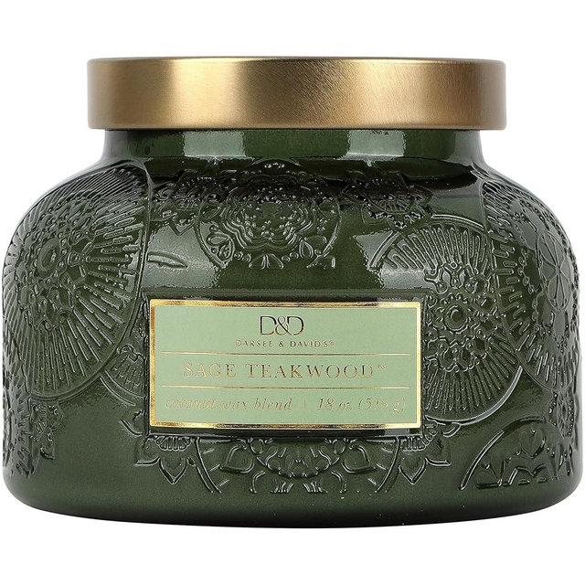 Sage Teakwood Embossed Candle Jar (18 oz) - Refreshing Aroma of Warm sage and Aged Wood - Large Dual Wick Glass Jar Candle for Relaxing