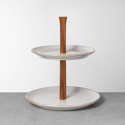 Glazed Round Ceramic + Wood Tiered Serve Stand Gray - Hearth & Hand™ with Magnolia