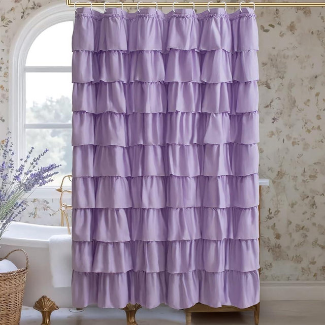 WestWeir Purple Shower Curtain Featuring Ruffle Design, Lavender Bath Curtains for Boho & Victorian Style, Chic Fancy Fabric, Classy Extra Long Drapery for Elegant Bathroom Upgrade, 72 x 72 inch