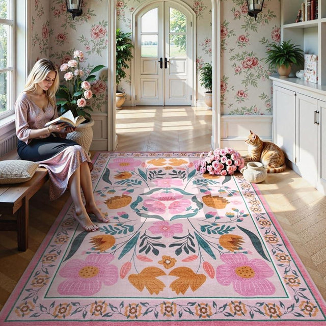 Yuemasi Washable Pink Floral Rug 8x10 Living Room, Soft Coquette Rugs for Bedroom Girls Non Slip, No Shedding Colorful Boho Carpet for Nursery Dorm Teen Kid Toddler (8x10ft,Pink)