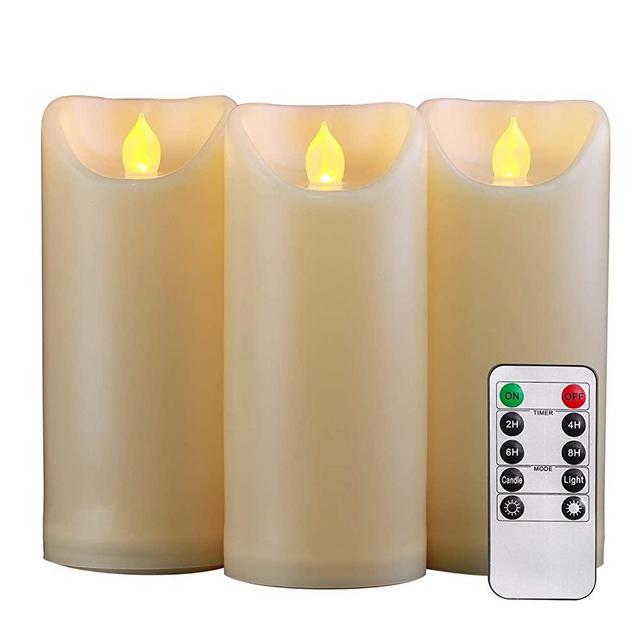 Homemory 3PCS 7" 7" 7" Waterproof Flameless Candles with Timer and Remote Control, Outdoor Battery Operated Flickering LED Candles, Ivory Appearance and Amber Yellow Light