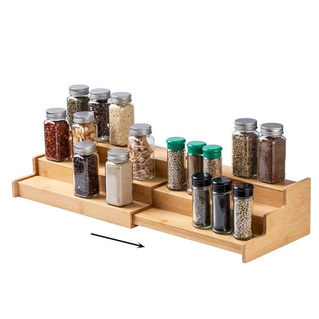 SIMPLEMADE Expandable Bamboo Spice Rack - Three-Tiered Shelf, Countertop, and Cabinet Storage and Spice Organizer for Kitchen, Bathroom, Bedroom, and Office