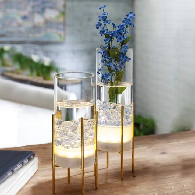 MJ PREMIER Plant Table Glass Vase, Flower Vase LED Lights Battery Operated LED Timing Function, Terrariums with Metal Stand, Indoor Outdoor Centerpiece Home Green Plants/Wedding/Party etc (Set of 2)