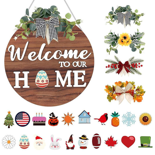 KatchOn, Interchangeable Welcome Sign for Front Door with 4 Seasonal Wreaths and 21 Changeable Icons, Easter, Spring, Summer Decorations for Home, Farmhouse Outdoor Welcome Signs Porch