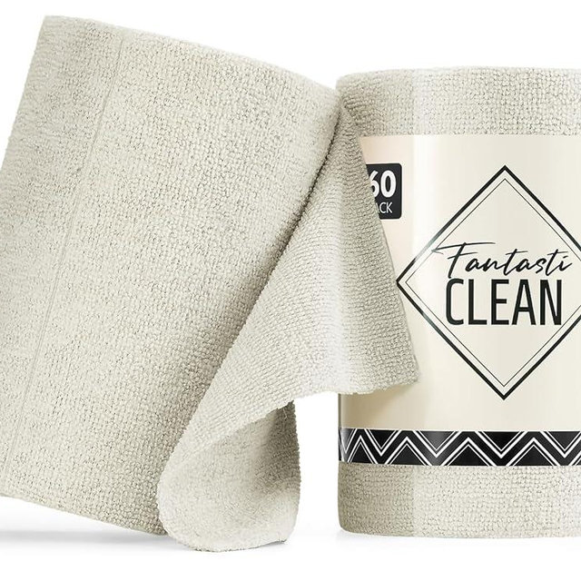 Fantasticlean Microfiber Cleaning Cloth Roll -60 Pack, Tear Away Paperless Towels, 8" x 8", Reusable Washable Rags, for Home Kitchen, Pet, Office, Indoor Outdoor, Compact and Portable (Off-White)