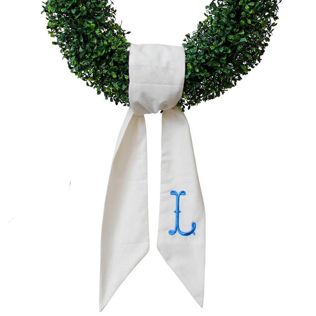 Monogram Wreath Sash for Front Door, White Embroidered Linen Wreath Sash, Porch Accessory for Xmas Party Yard, Wedding, and Boxwood Decoration, Indoor Outdoor Décor - (L)