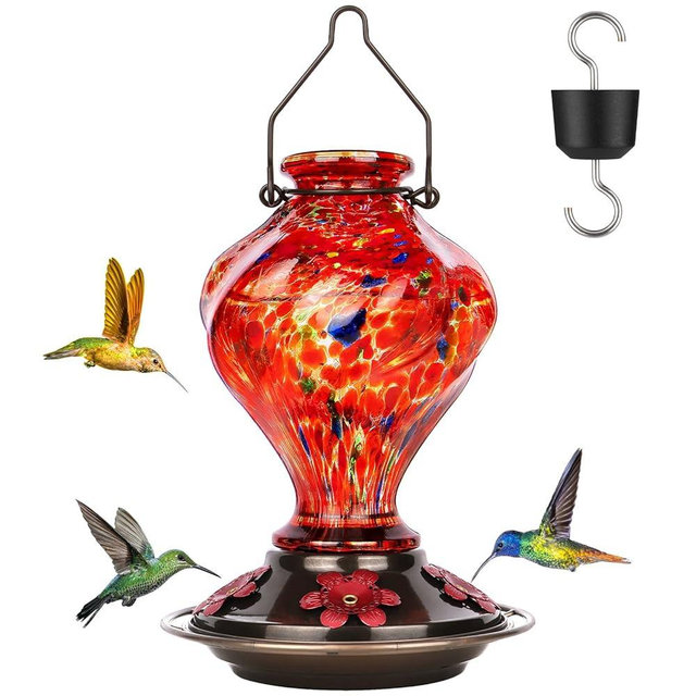 Hummingbird Feeder, BOLITE Glass Hummingbird Feeders for Outdoors Hanging, Hand Blown Twisted with Ant Moat and Five Feeding Ports, 24 Ounces, Leak Proof, Red
