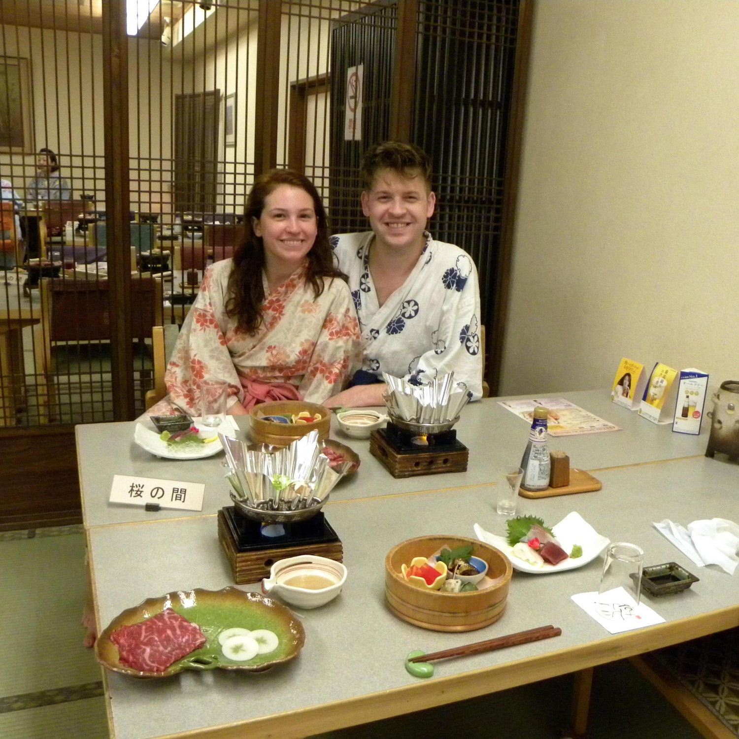 Enjoying a traditional meal at a hot spring in Japan