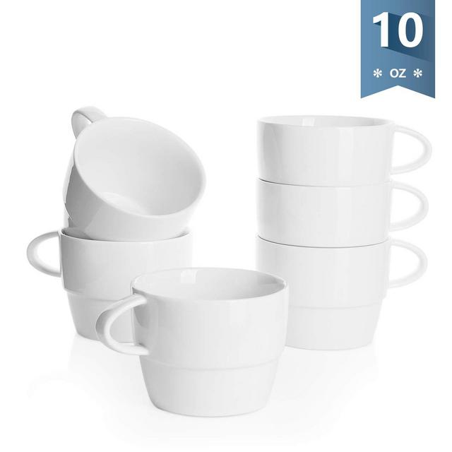 Sweese 407.001 Porcelain Latte Cups - Stackable Coffee Cups - 10 Ounce for Specialty Coffee Drinks, Cappuccino, Cafe Mocha and Tea - Set of 6 - White