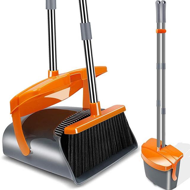 Kelamayi Broom and Dustpan Set Stainless Long Handle Dust Pan Broom Combo with Lid Commercial Sweep Set Upright Broom for Home Kitchen Lobby Office,Orange&Gray