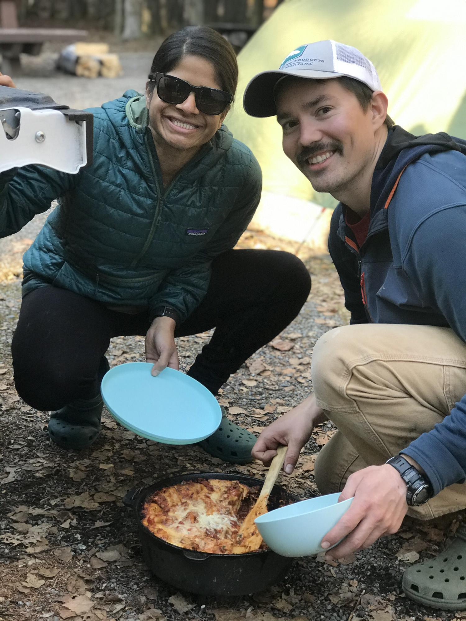 Making campfire lasagna on Meera's birthday - April 2020