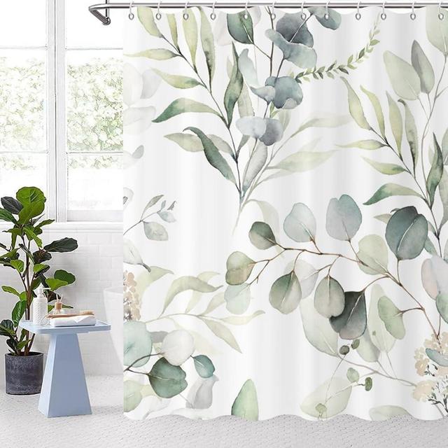 GCIREC Eucalyptus Leaf Shower Curtains, Sage Green Spring Botanical Watercolor Plants Bathroom Curtains Bathtub Home Decor Waterproof Fabric Machine Washable with 12 PCS Hooks