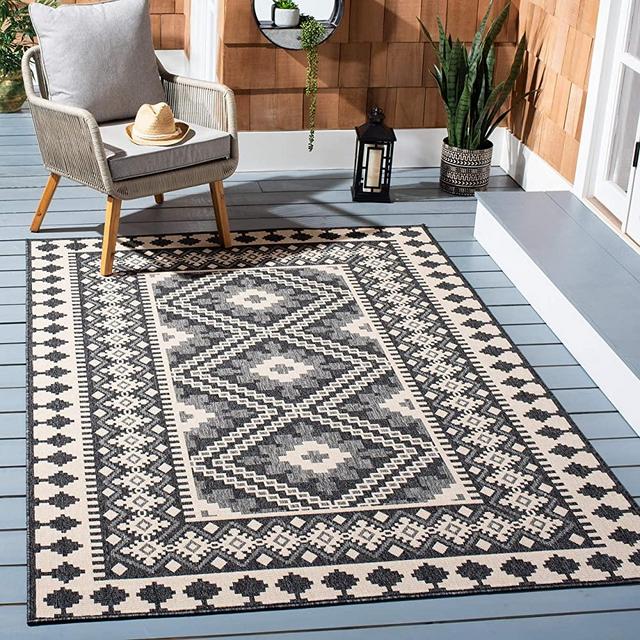 Safavieh Veranda Collection VER099 Boho Indoor/ Outdoor Non-Shedding Easy Cleaning Patio Backyard Porch Deck Mudroom Area Rug, 5'3" x 7'7", Ivory / Grey